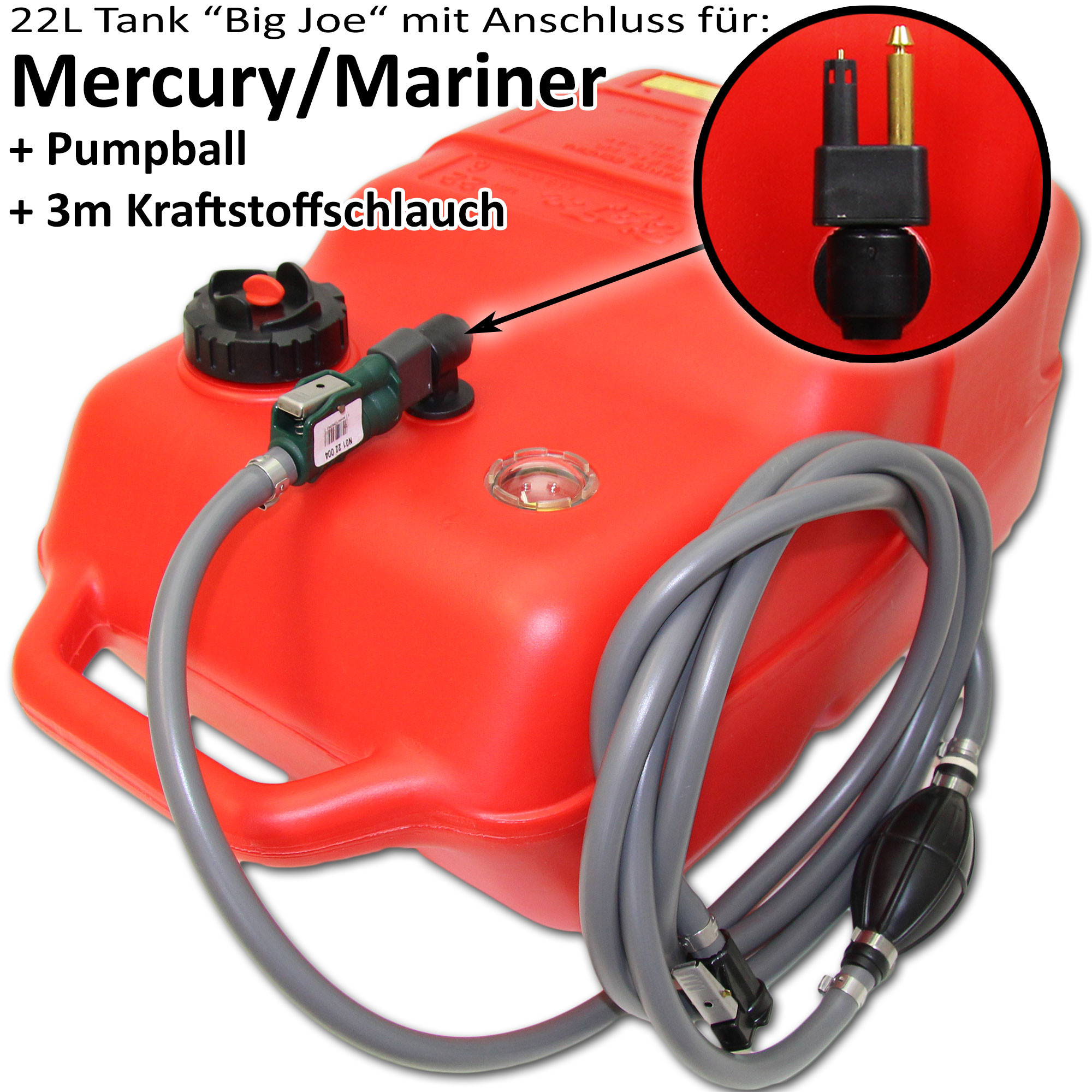 Kraftstofftank rot mit Mercury & Mariner Anschluss / 3m Schlauch / Füllstandsanzeige manuell