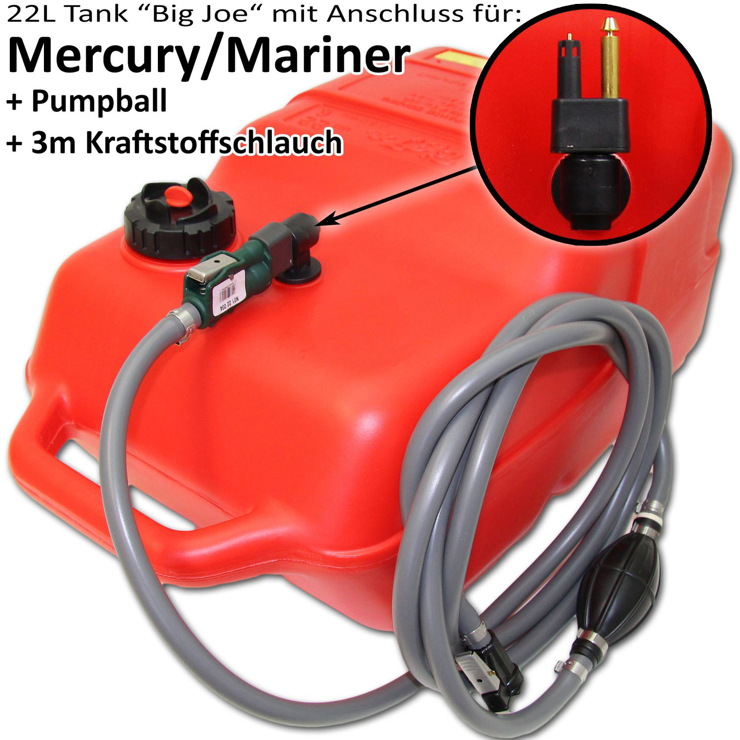 Kraftstofftank rot mit Mercury & Mariner Anschluss / 3m Schlauch