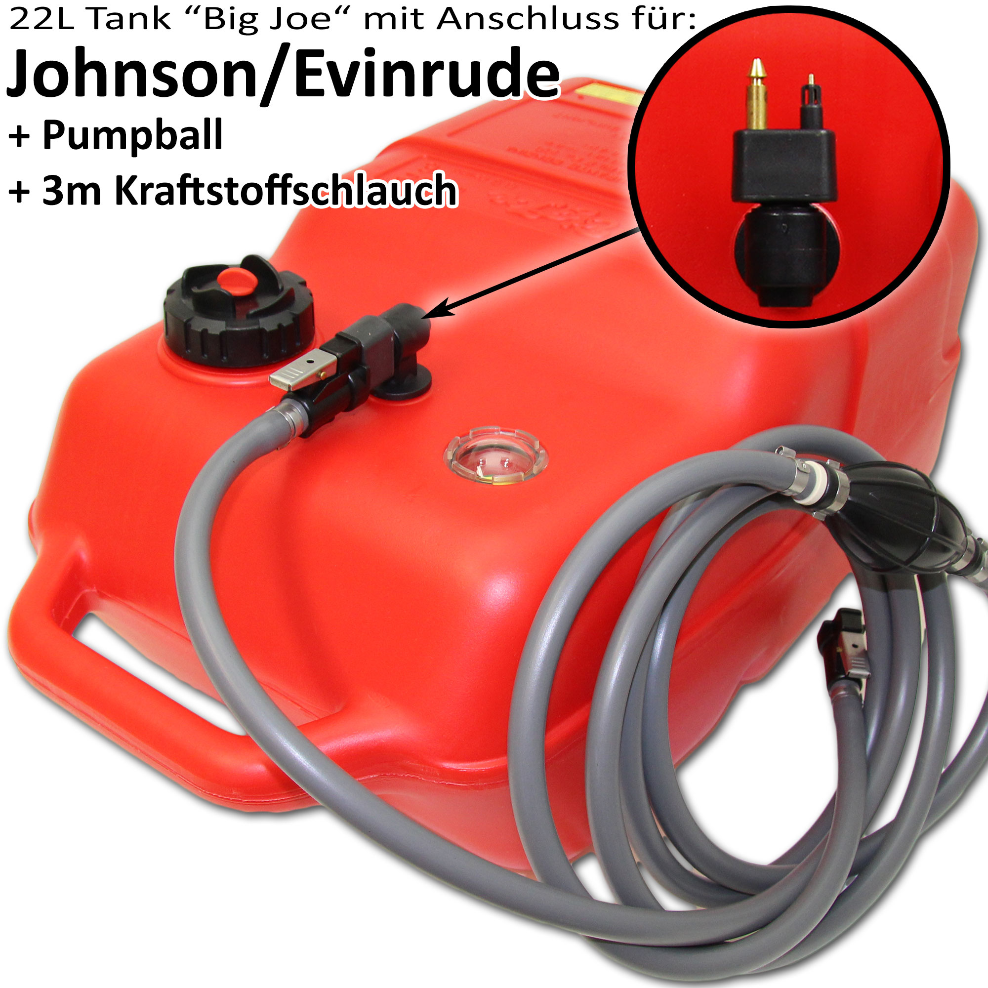 Kraftstofftank rot mit Johnson & Evinrude Anschluss / 3m Schlauch / Füllstandsanzeige manuell