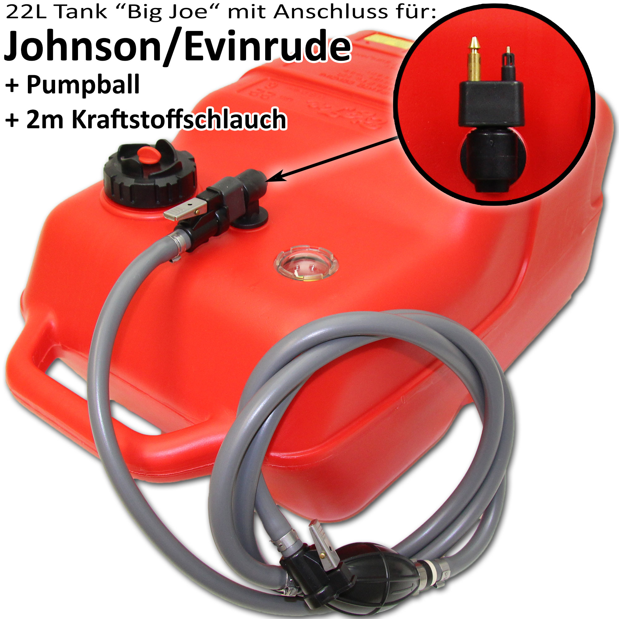 Kraftstofftank rot mit Johnson & Evinrude Anschluss / 2m Schlauch / Füllstandsanzeige manuell