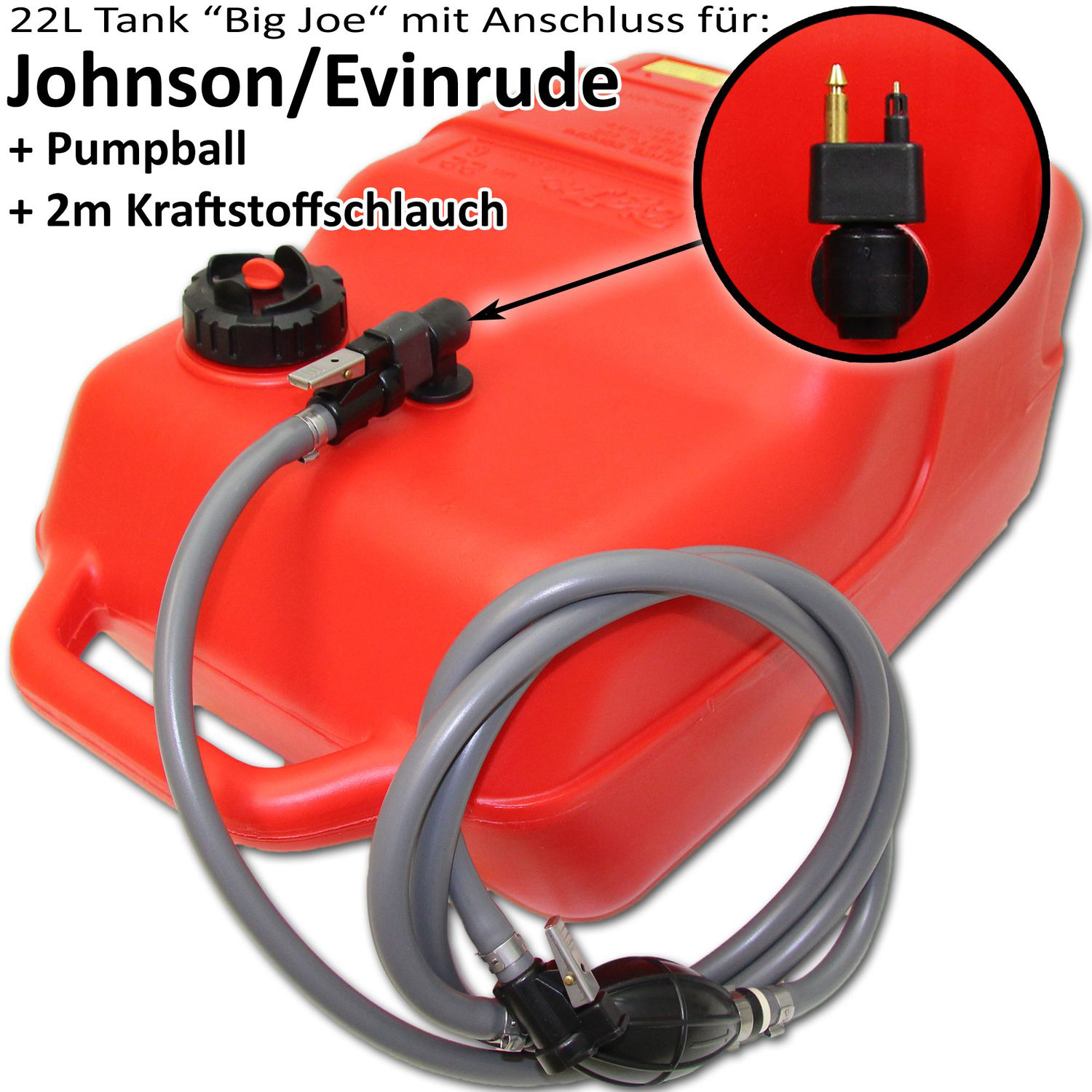 Kraftstofftank rot mit Johnson & Evinrude Anschluss / 2m Schlauch