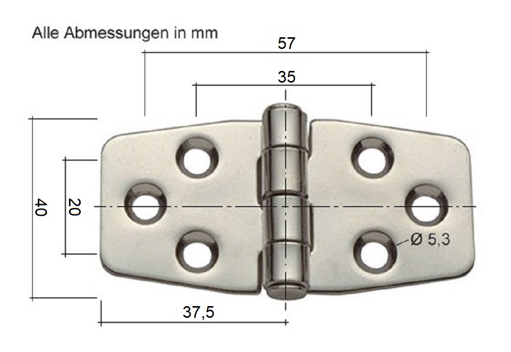 Scharnier Edelstahl 40 x 75mm Front Pin