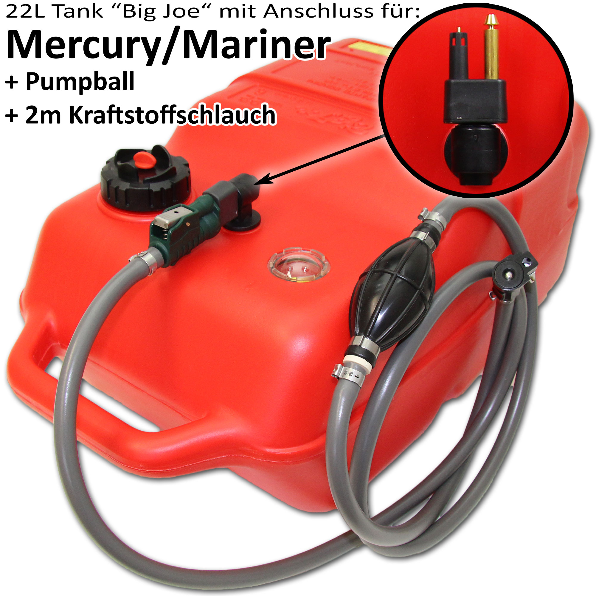 Kraftstofftank rot mit Mercury & Mariner Anschluss / 2m Schlauch / Füllstandsanzeige manuell